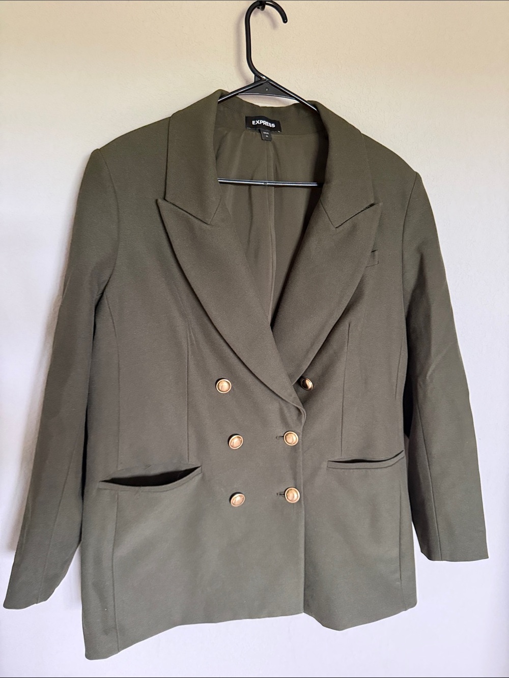 Express Olive Double-Breasted Blazer with Gold Buttons